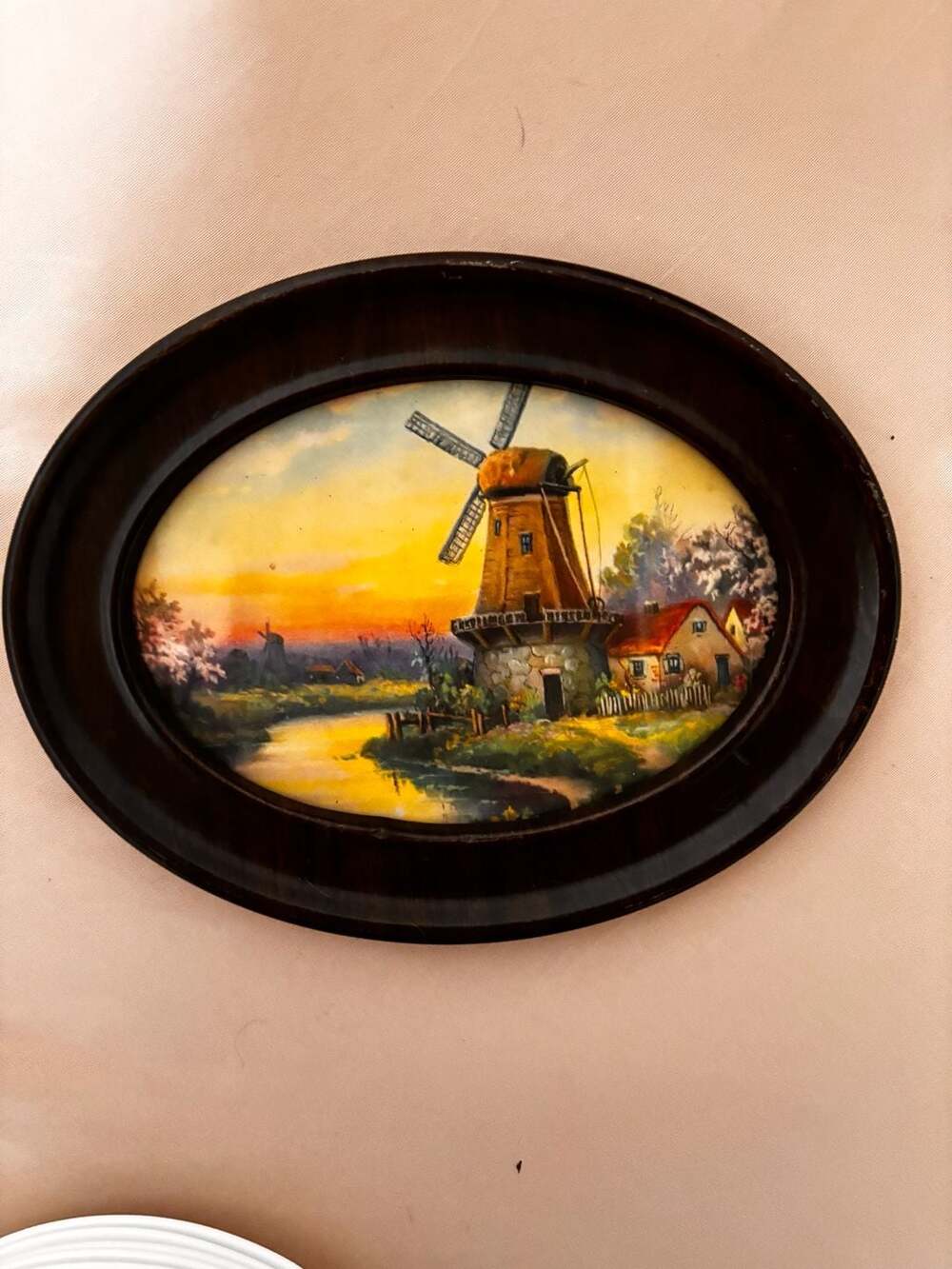 Vintage Dutch Windmill Reverse Painting Convex Glass Oval Wood Frame
